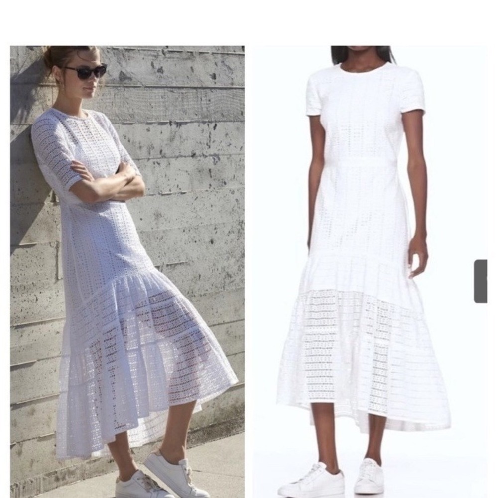 Banana Republic dress White Eyelet Short Slv Ruffled Lined Midi Hi Lo Hem sz 12